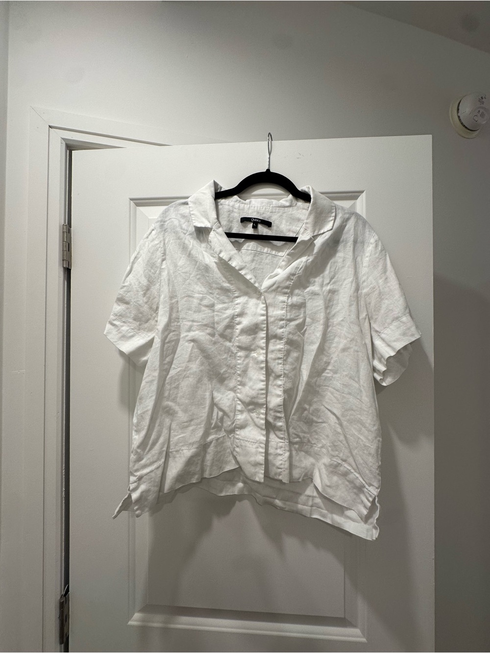 Quince White Short-Sleeve Linen Button-Down Blouse, Size L